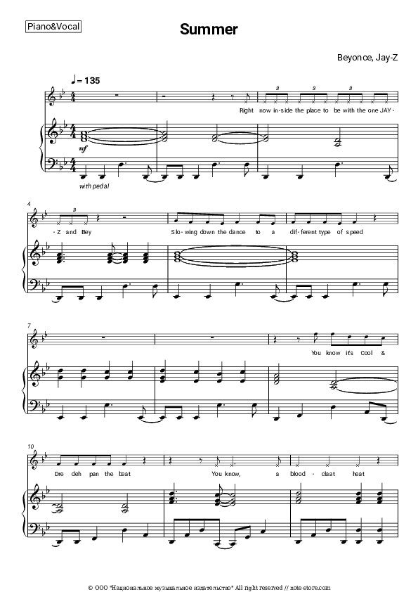 Summer - Beyonce, Jay-Z Piano Sheet Music with the Voice part - Piano&Vocal