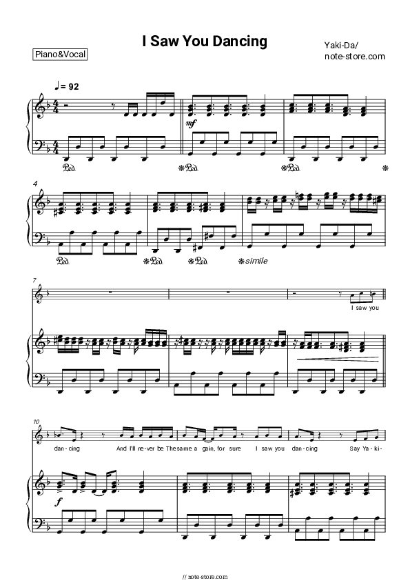 I Saw You Dancing - Yaki-Da Piano Sheet Music with the Voice part - Piano&Vocal