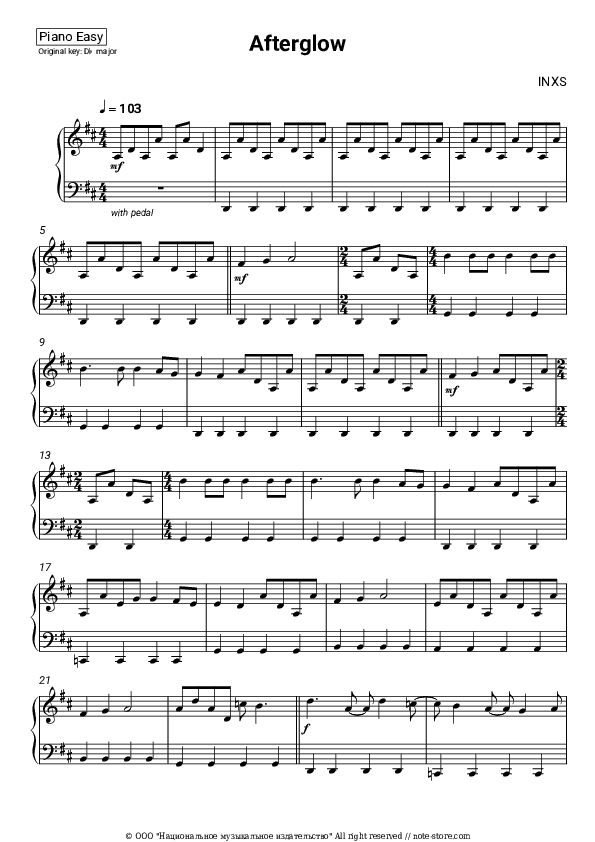 Afterglow - INXS Piano Sheet Music Easy - Piano.Easy