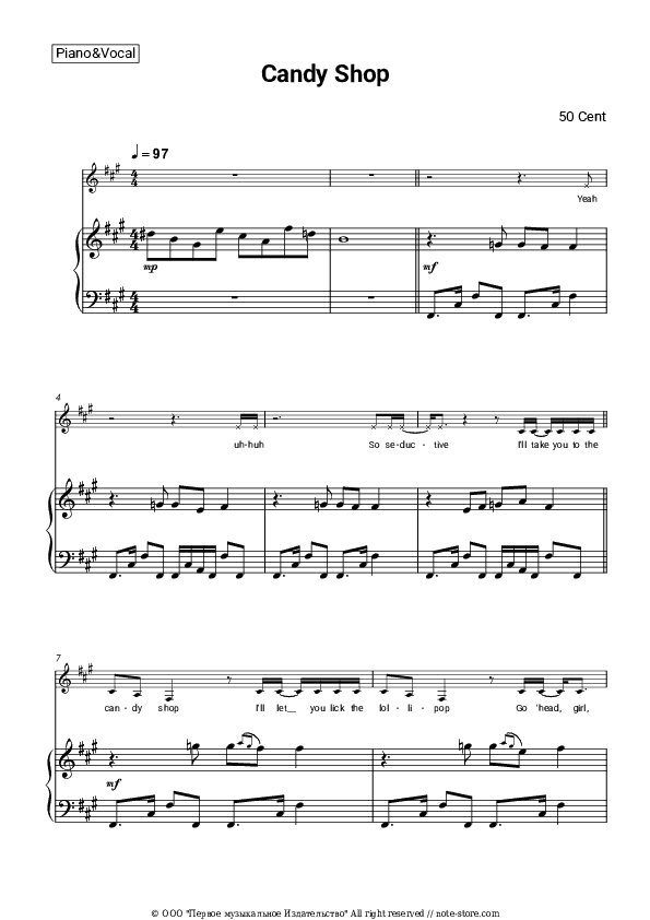 Candy Shop - 50 Cent Piano Sheet Music with the Voice part - Piano&Vocal