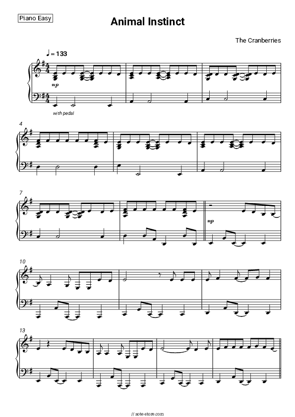 Animal Instinct - The Cranberries Piano Sheet Music Easy - Piano.Easy