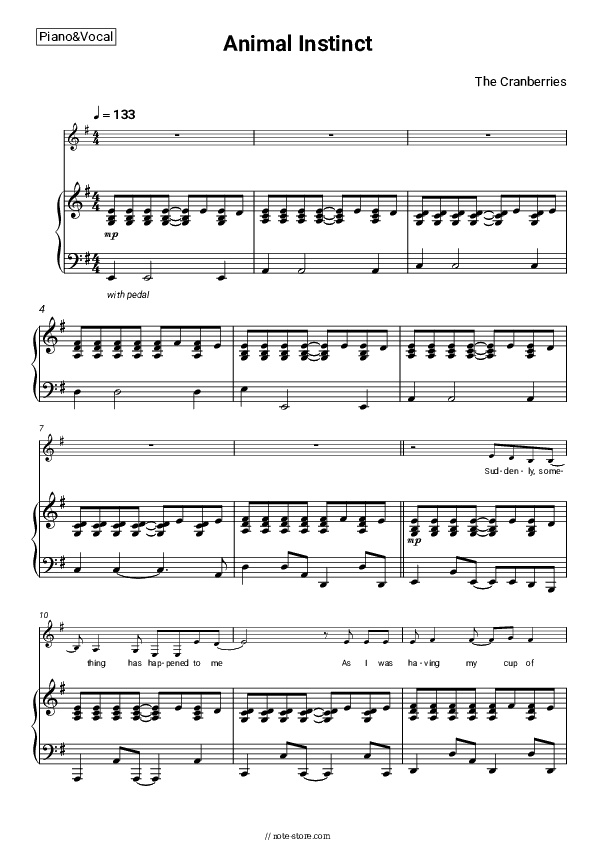 Animal Instinct - The Cranberries Piano Sheet Music with the Voice part - Piano&Vocal