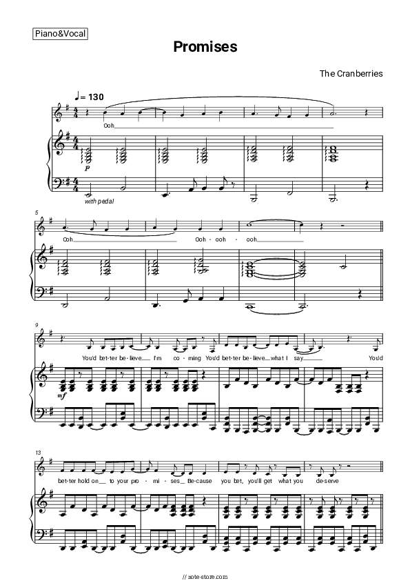 Promises - The Cranberries Piano Sheet Music with the Voice part - Piano&Vocal