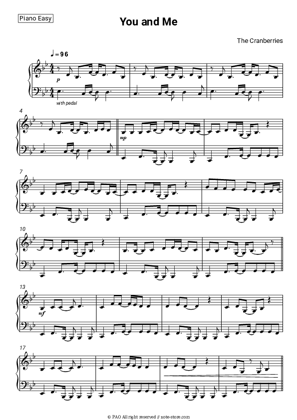 You and Me - The Cranberries Piano Sheet Music Easy - Piano.Easy