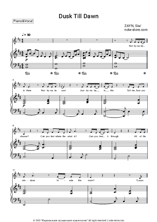 Dusk Till Dawn - ZAYN, Sia Piano Sheet Music with the Voice part - Piano&Vocal