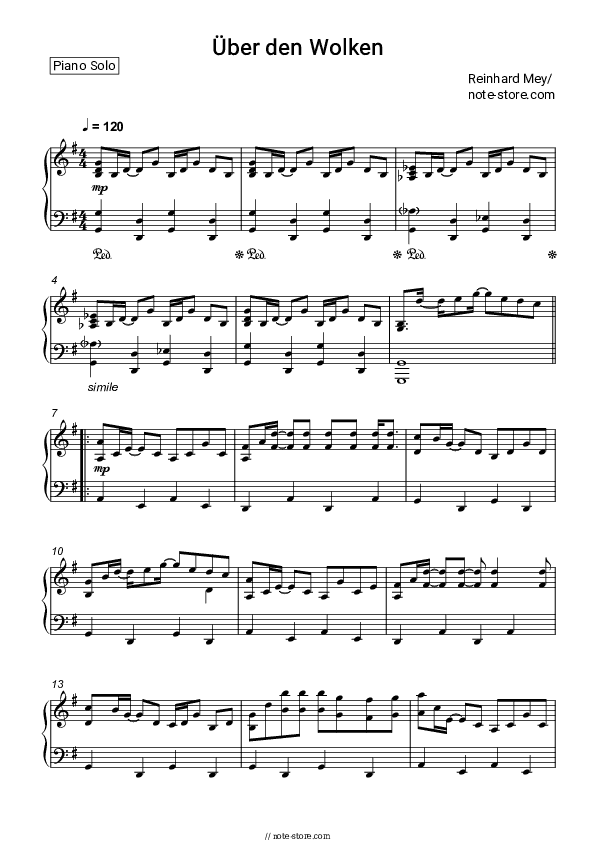 Uber den Wolken - Reinhard Mey Piano Sheet Music - Piano.Solo