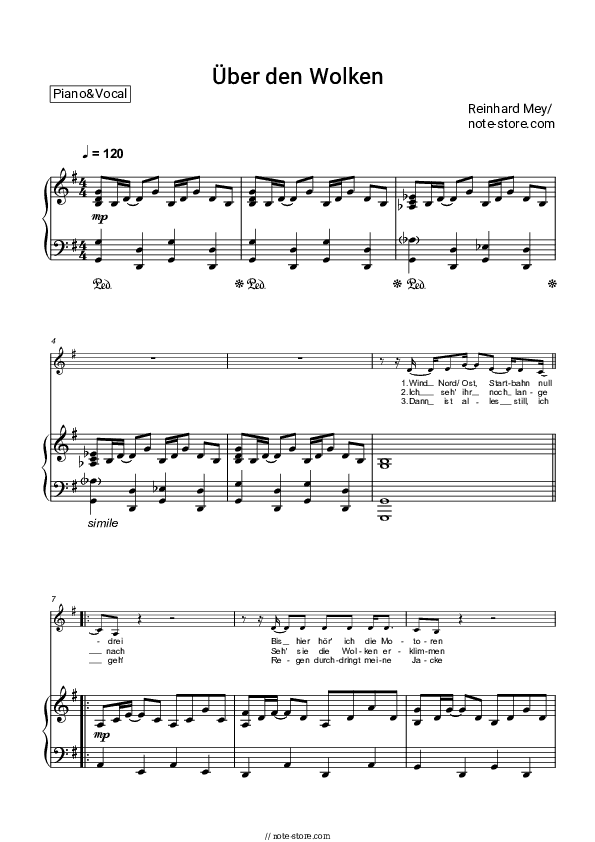 Uber den Wolken - Reinhard Mey Piano Sheet Music with the Voice part - Piano&Vocal