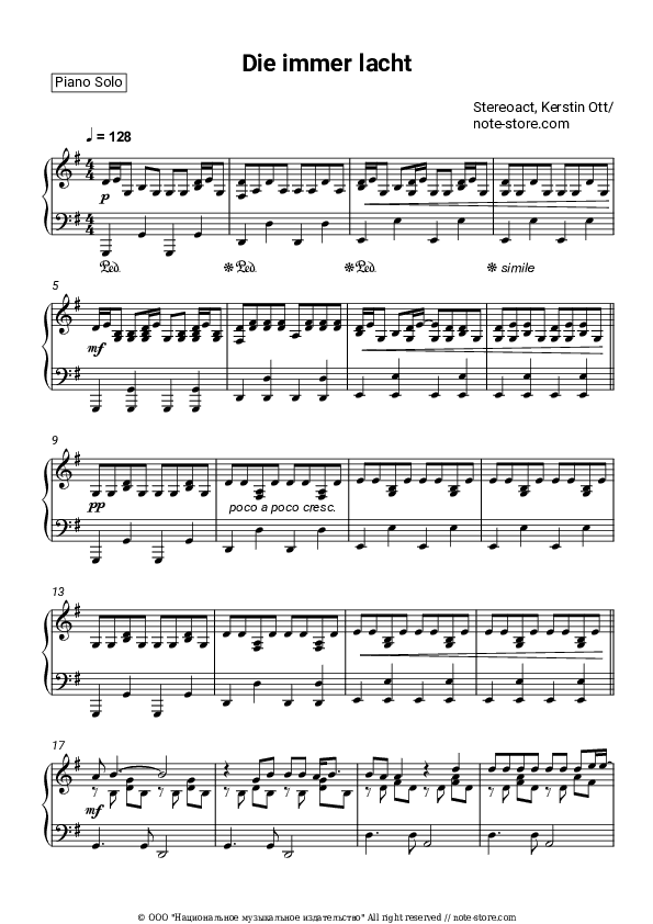 Die immer lacht - Stereoact, Kerstin Ott Piano Sheet Music - Piano.Solo