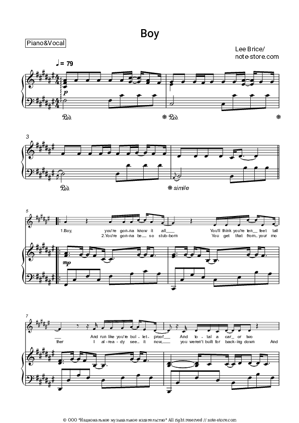 Boy - Lee Brice Piano Sheet Music with the Voice part - Piano&Vocal