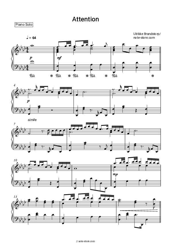 Attention - Ulrikke Piano Sheet Music - Piano.Solo