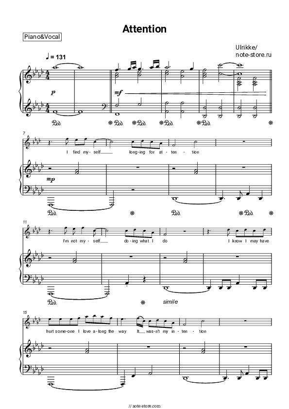 Attention - Ulrikke Piano Sheet Music with the Voice part - Piano&Vocal