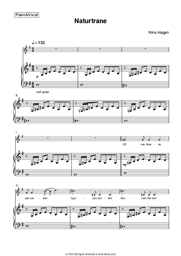 Naturtrane - Nina Hagen Piano Sheet Music with the Voice part - Piano&Vocal