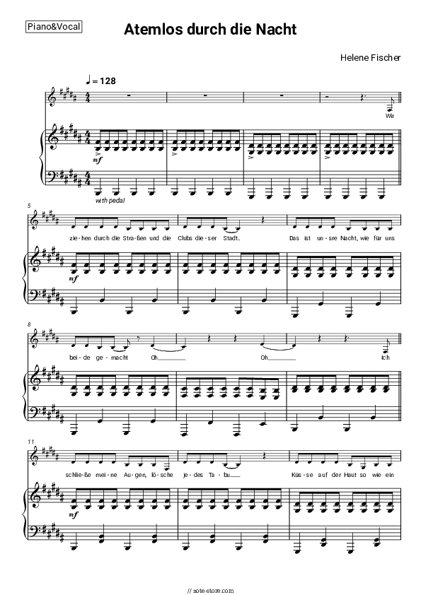 Atemlos durch die Nacht - Helene Fischer Piano Sheet Music with the Voice part - Piano&Vocal