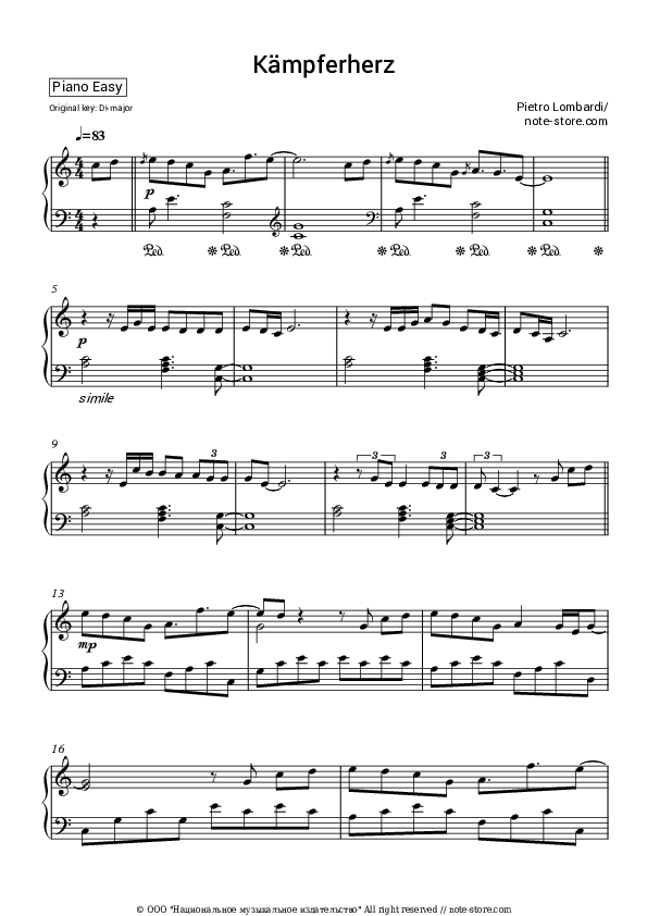 Kampferherz - Pietro Lombardi Piano Sheet Music Easy - Piano.Easy