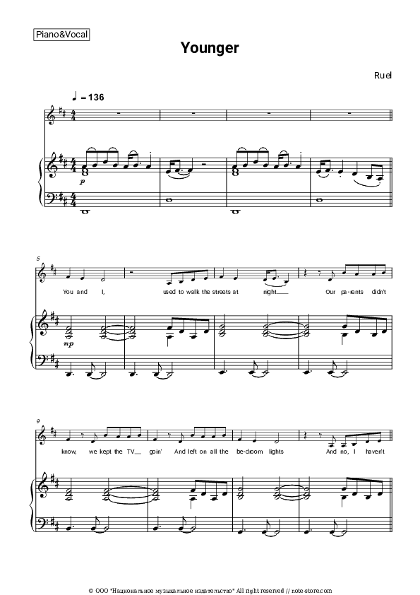 Younger - Ruel Piano Sheet Music with the Voice part - Piano&Vocal