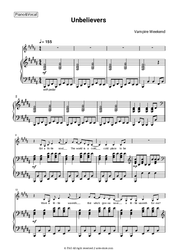 Unbelievers - Vampire Weekend Piano Sheet Music with the Voice part - Piano&Vocal