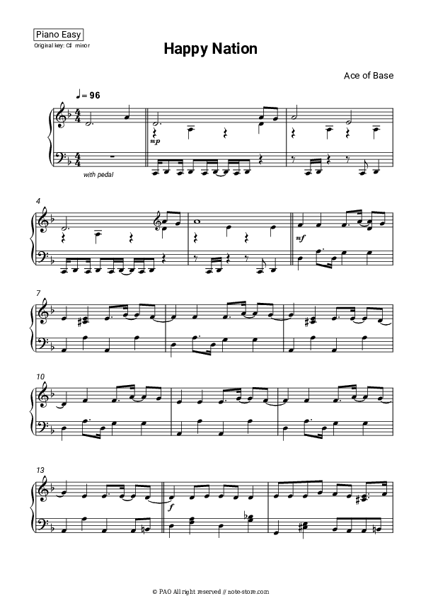 Happy Nation - Ace of Base Piano Sheet Music Easy - Piano.Easy