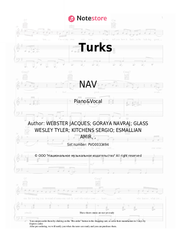 Turks - NAV, Gunna, Travis Scott Piano Sheet Music with the Voice part - Piano&Vocal