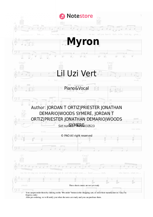 Myron - Lil Uzi Vert Piano Sheet Music with the Voice part - Piano&Vocal