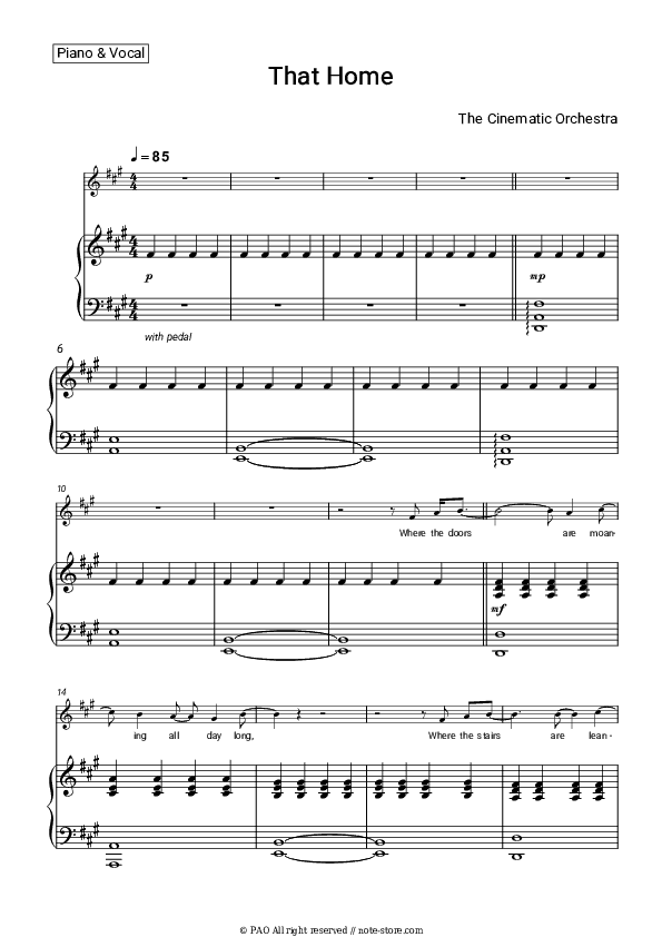 That Home - The Cinematic Orchestra Piano Sheet Music with the Voice part - Piano&Vocal