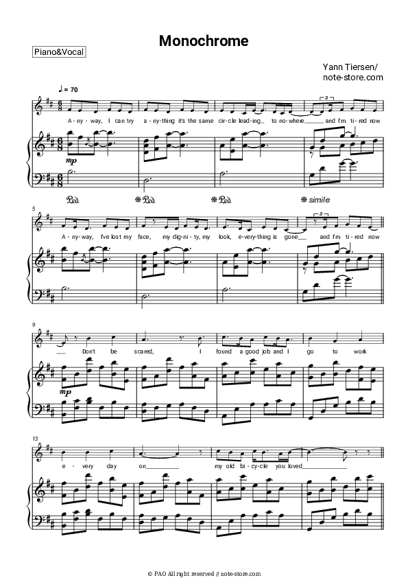 Monochrome - Yann Tiersen Piano Sheet Music with the Voice part - Piano&Vocal