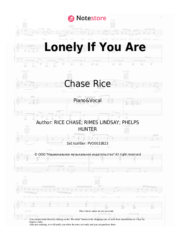 Lonely If You Are - Chase Rice Piano Sheet Music with the Voice part - Piano&Vocal