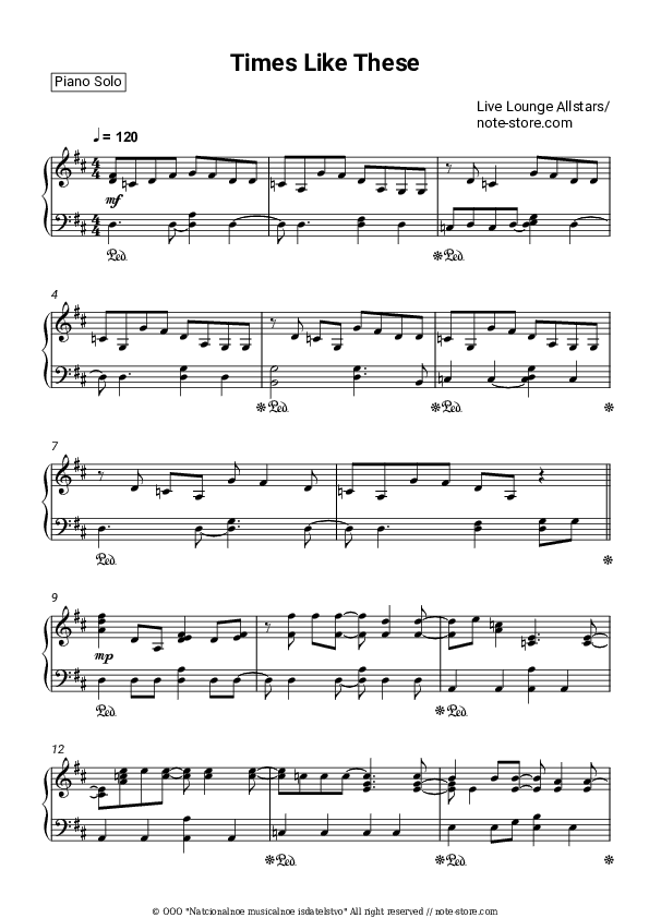 Times Like These - Live Lounge Allstars Piano Sheet Music - Piano.Solo