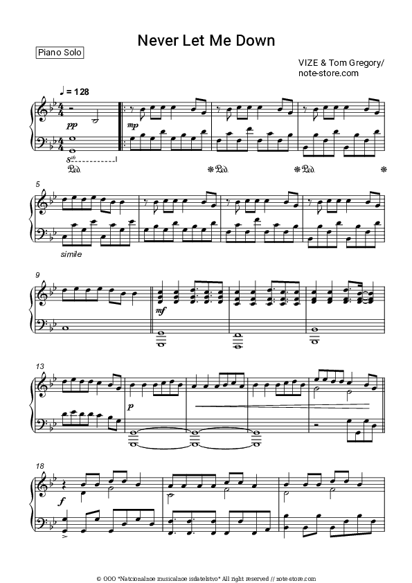 Never Let Me Down - VIZE, Tom Gregory Piano Sheet Music - Piano.Solo