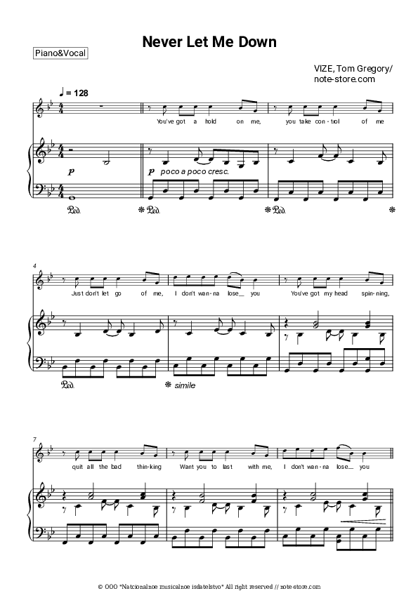 Never Let Me Down - VIZE, Tom Gregory Piano Sheet Music with the Voice part - Piano&Vocal