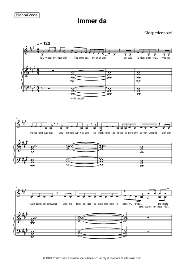 Immer da - Glasperlenspiel Piano Sheet Music with the Voice part - Piano&Vocal
