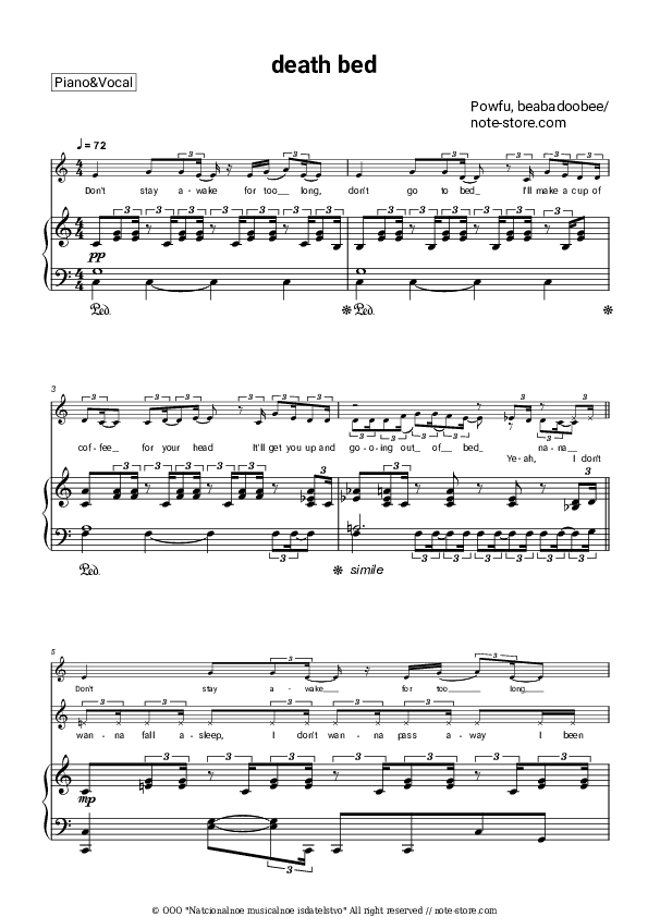 death bed - Powfu, beabadoobee Piano Sheet Music with the Voice part - Piano&Vocal