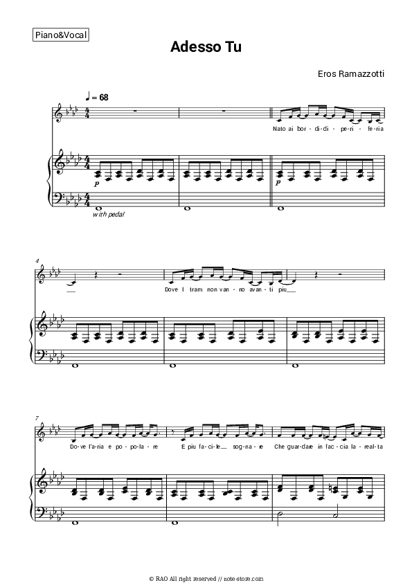 Adesso tu - Eros Ramazzotti Piano Sheet Music with the Voice part - Piano&Vocal