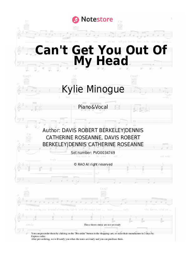 Can't Get You Out Of My Head - Kylie Minogue Piano Sheet Music with the Voice part - Piano&Vocal