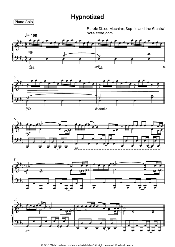 Hypnotized - Purple Disco Machine, Sophie and the Giants Piano Sheet Music - Piano.Solo