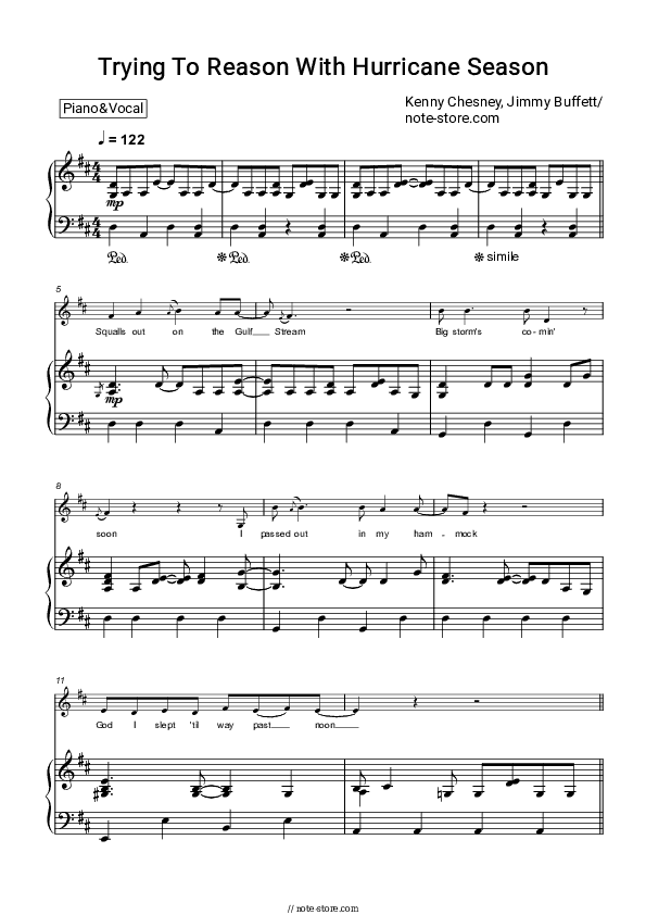 Trying to Reason With Hurricane Season - Kenny Chesney, Jimmy Buffett Piano Sheet Music with the Voice part - Piano&Vocal