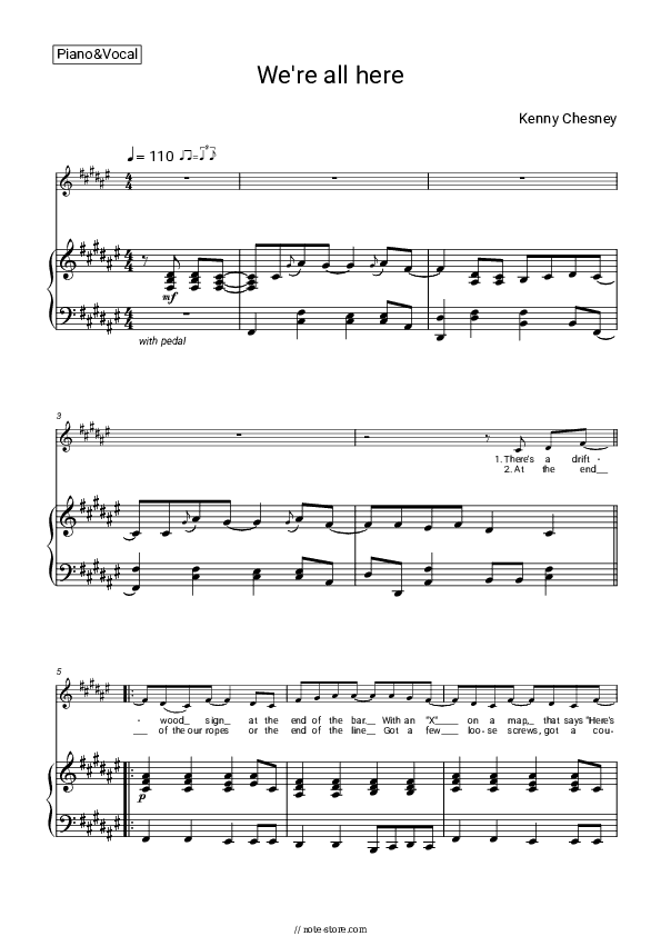 We're All Here - Kenny Chesney Piano Sheet Music with the Voice part - Piano&Vocal