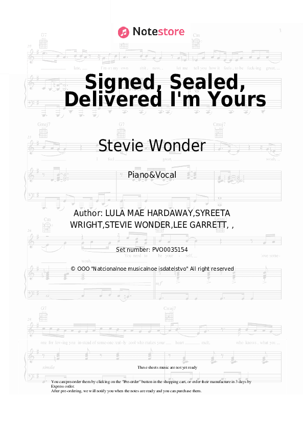 Signed, Sealed, Delivered I'm Yours - Stevie Wonder Piano Sheet Music with the Voice part - Piano&Vocal