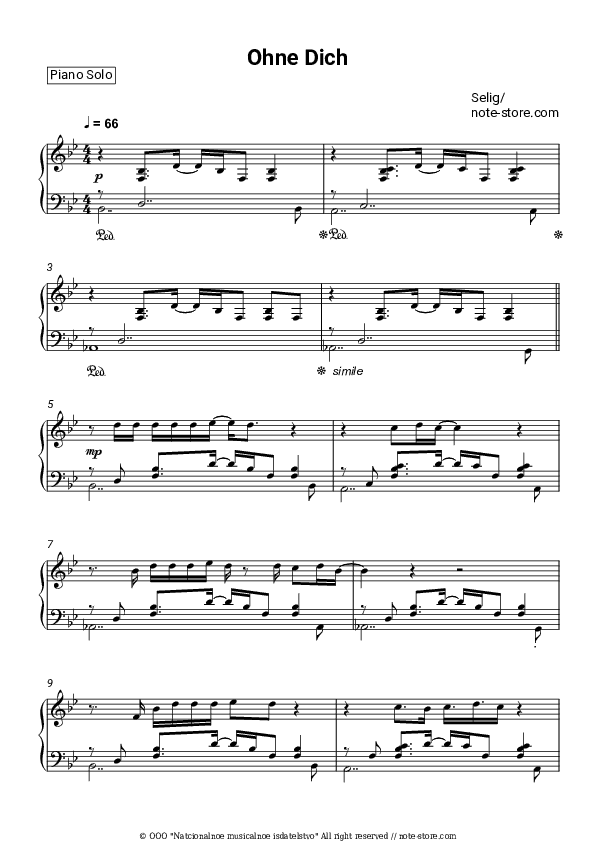 Ohne dich - Selig Piano Sheet Music - Piano.Solo