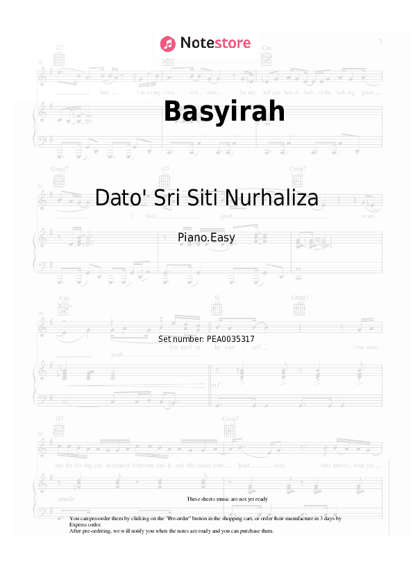 Basyirah - Dato' Sri Siti Nurhaliza Piano Sheet Music Easy - Piano.Easy