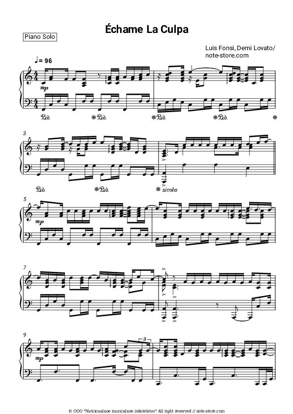Échame La Culpa - Luis Fonsi, Demi Lovato Piano Sheet Music - Piano.Solo