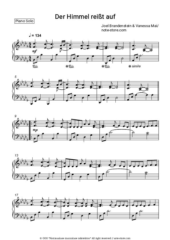 Der Himmel reißt auf - Joel Brandenstein, Vanessa Mai Piano Sheet Music - Piano.Solo