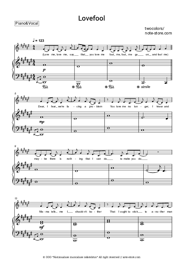 Lovefool - twocolors Piano Sheet Music with the Voice part - Piano&Vocal