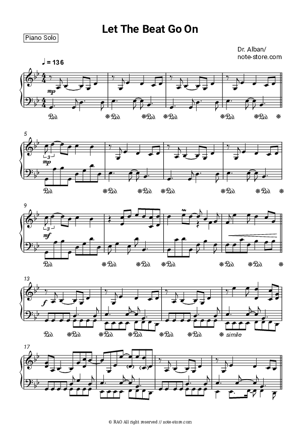 Let The Beat Go On - Dr. Alban Piano Sheet Music - Piano.Solo