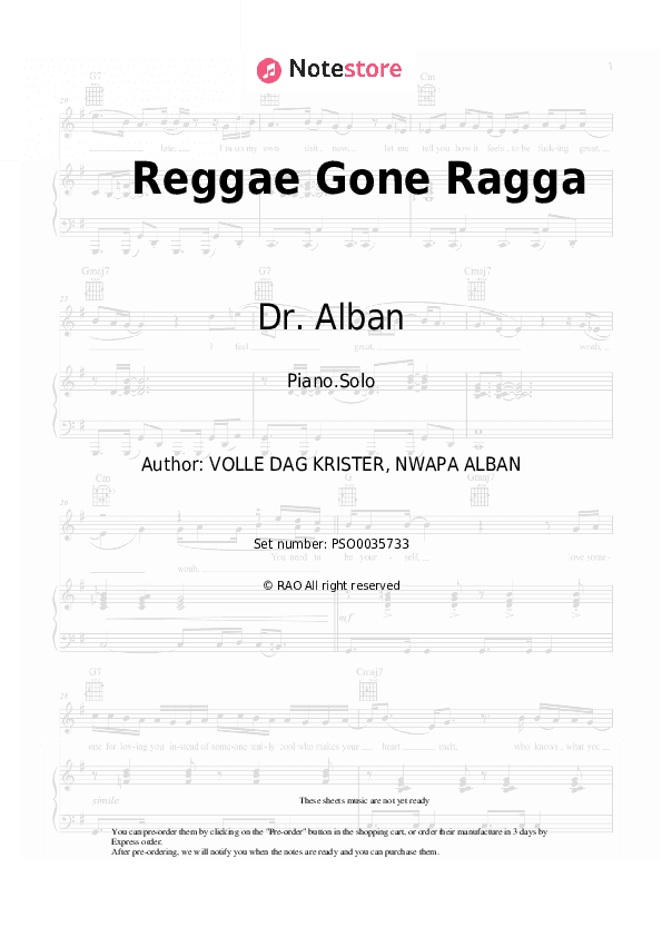 Reggae Gone Ragga - Dr. Alban Piano Sheet Music - Piano.Solo