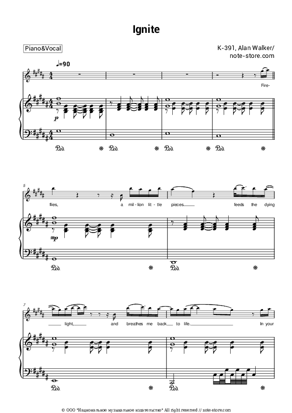 Ignite - K-391, Alan Walker Piano Sheet Music with the Voice part - Piano&Vocal