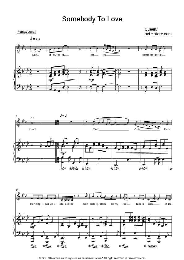 Somebody To Love - Queen Piano Sheet Music with the Voice part - Piano&Vocal