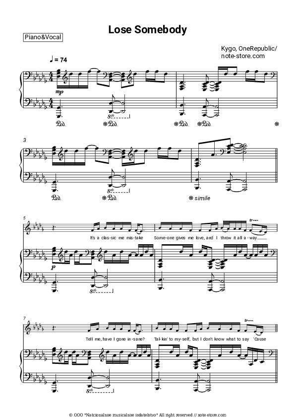 Lose Somebody - Kygo, OneRepublic Piano Sheet Music with the Voice part - Piano&Vocal