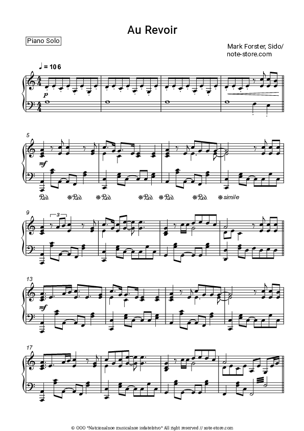 Au Revoir - Mark Forster, Sido Piano Sheet Music - Piano.Solo