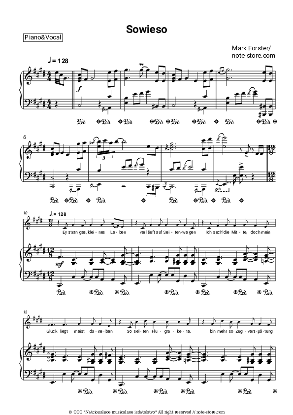 Sowieso - Mark Forster Piano Sheet Music with the Voice part - Piano&Vocal