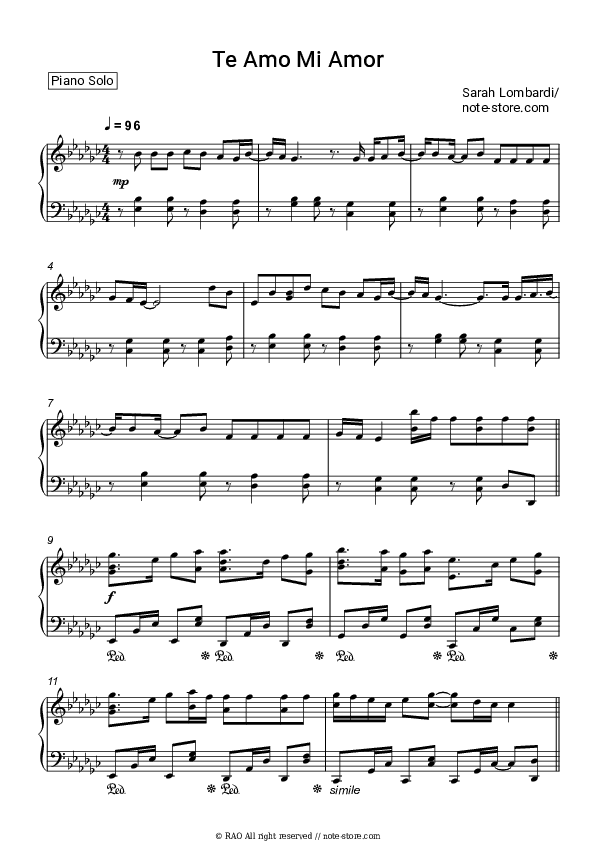 Te Amo Mi Amor - Sarah Lombardi Piano Sheet Music - Piano.Solo